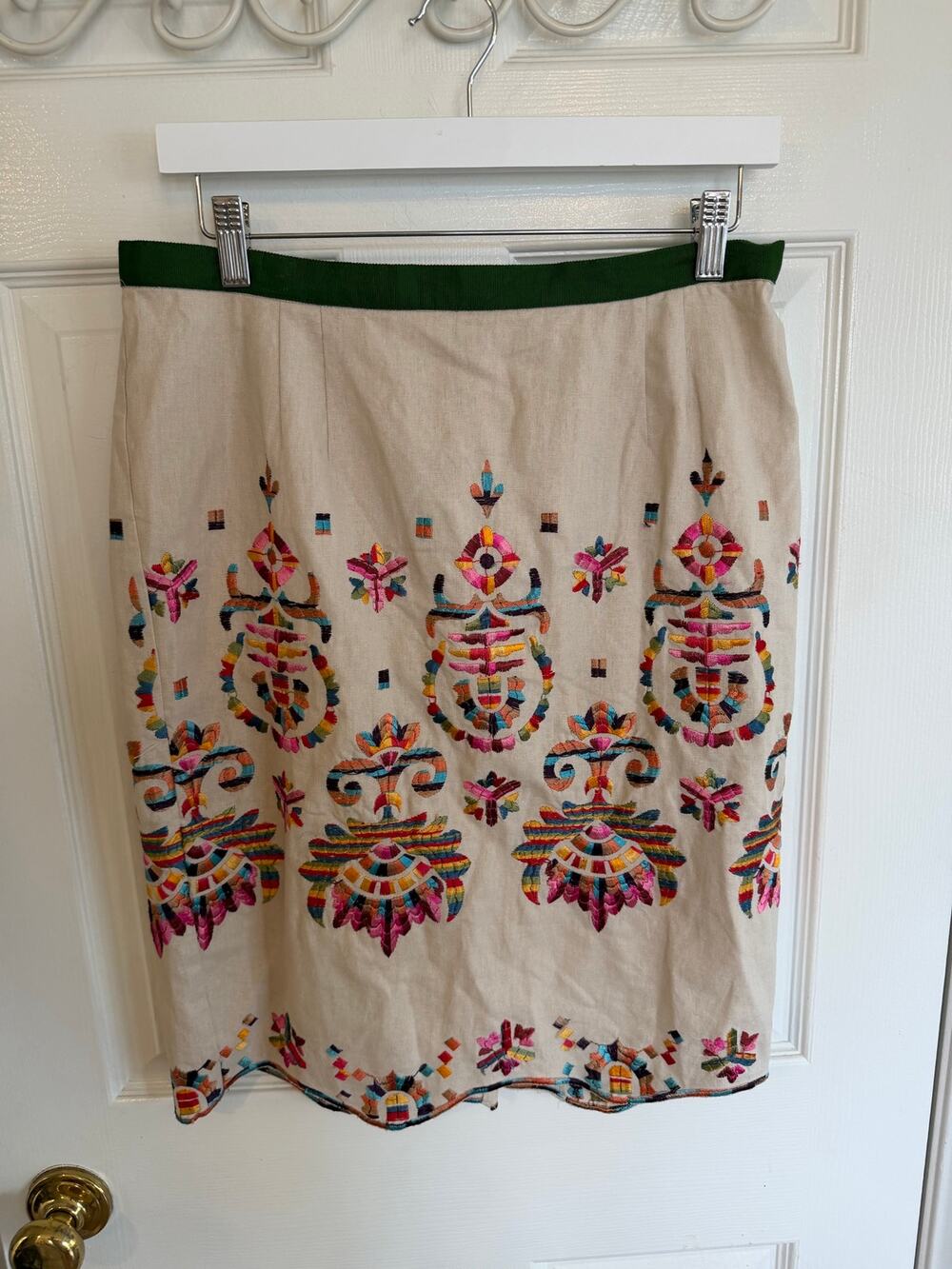 Anthropologie NWT Embroidered Multi-Color Linen Midi Skirt Size 12